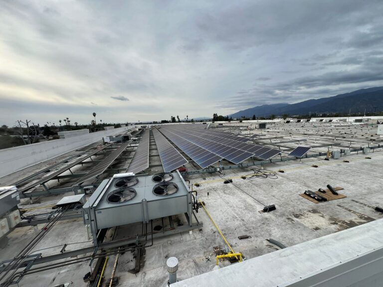 View of a large-scale commercial solar panel installation.