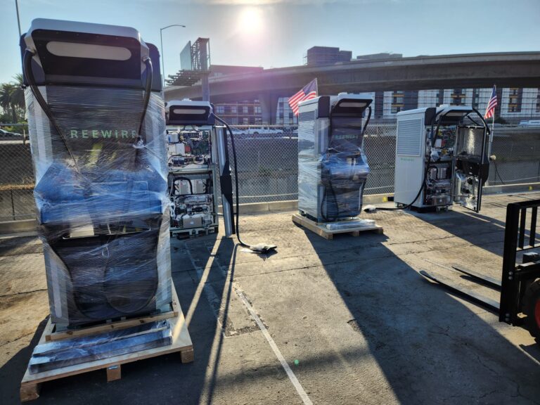 Overview of the EV charging installation showing the equipment and surrounding area.