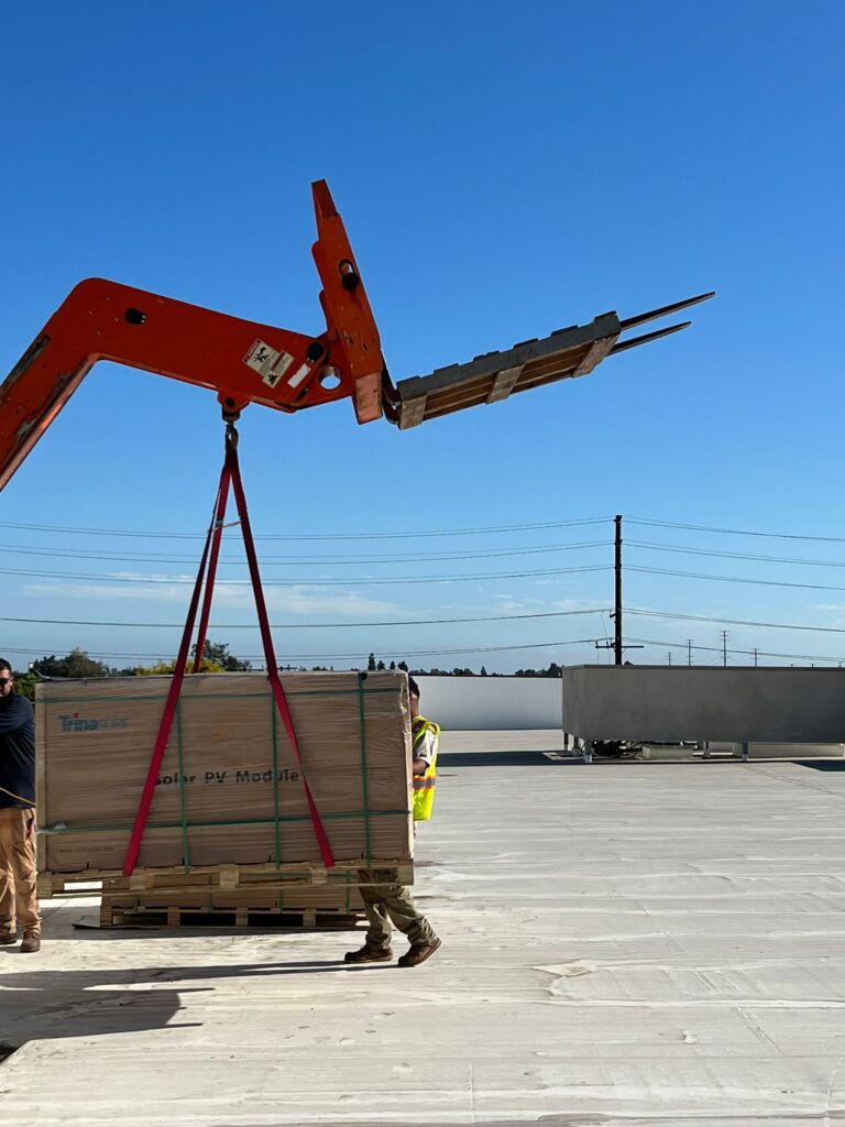 Detail of solar panel connections or racking system on a Public Storage rooftop.